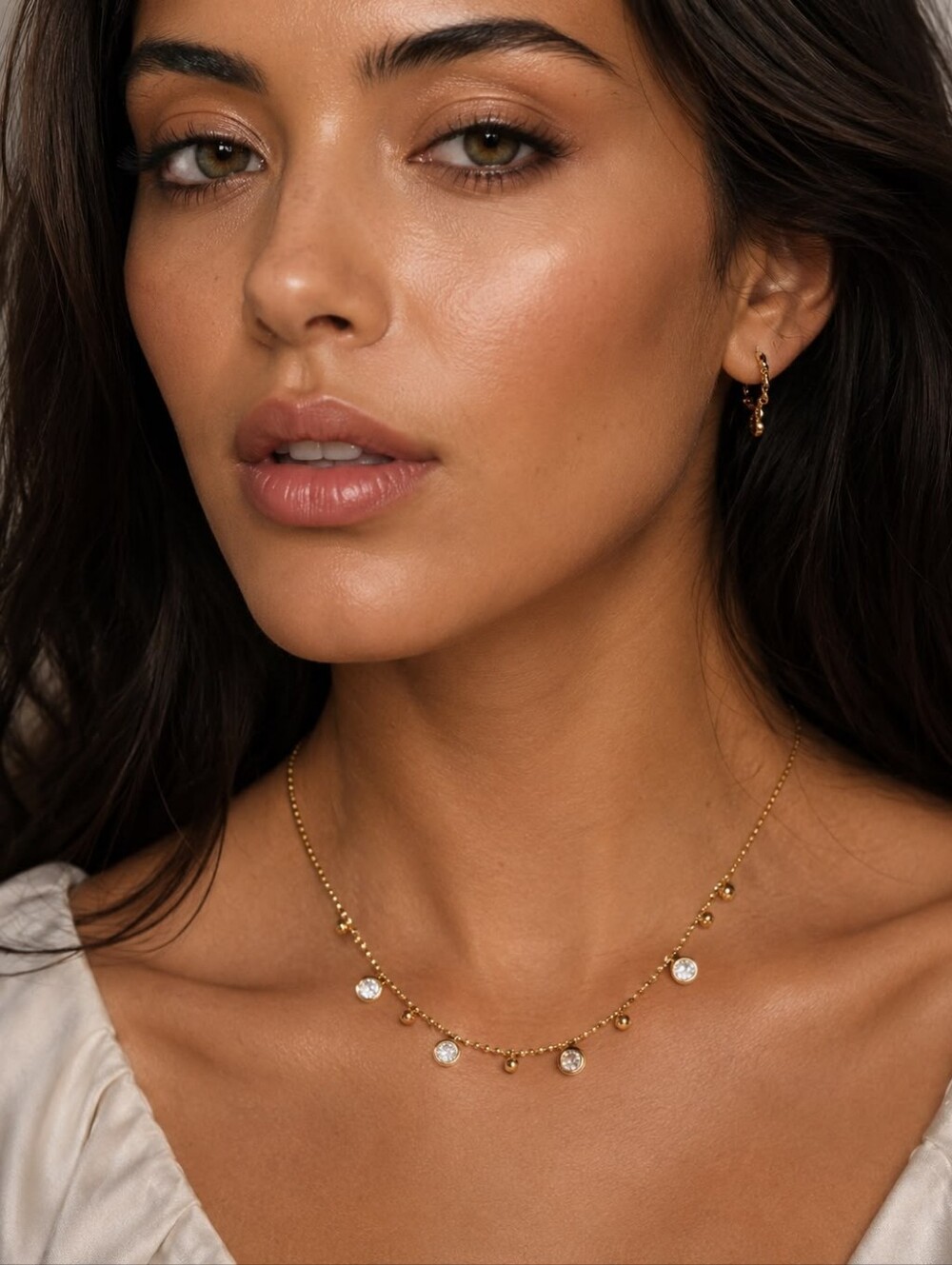 Gold Bezel Crystal Station Necklace - Women Jewelry